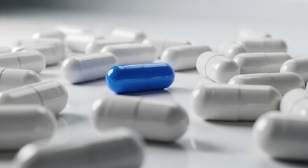 Blue pill stands out from white ones, on a reflective surface, suggesting medicine or health