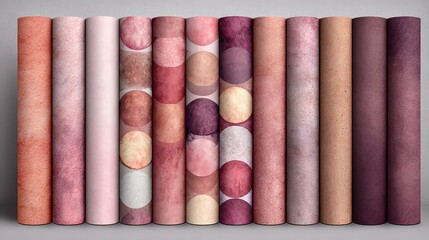 Rolled Pink Carpets on Gray Wall Background Studio Shot