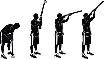 Black and white silhouette of a male trap shooter in four sequential poses practicing clay pigeon shooting with a shotgun and wearing professional vest. © Hazera Creative