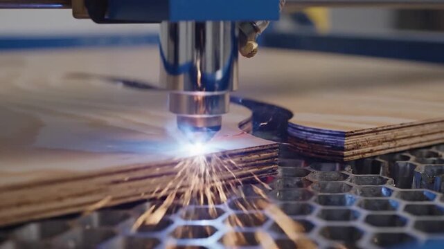 Automated laser cutting machine precisely carves wood with bright light