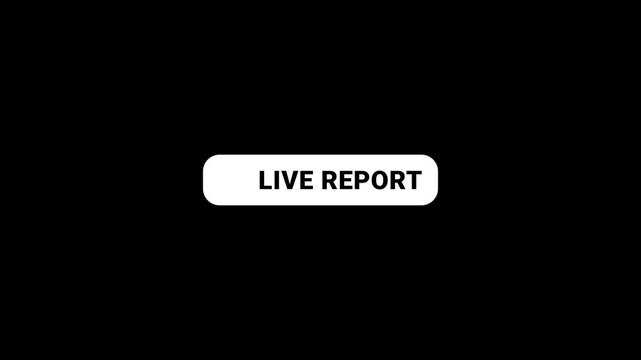 Animated live report button with flickering red recording icon on white banner isolated for breaking news and broadcast journalism. Alpha channel
