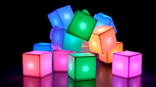 Experience the energetic flow of a pulsing neon vitamin cube formation, where colorful cubes leap and dance in a captivating choreography against the isolated pure Black background, evoking