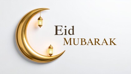 Obraz premium Celebratory Eid Mubarak illustration with golden crescent moon and lanterns on a clean surface