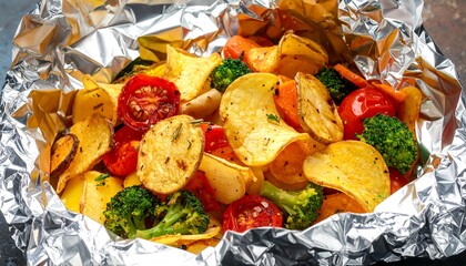 A foil-baked dish of roasted vegetables and potato chips