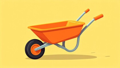 Vibrant orange wheelbarrow on bright yellow background for construction projects