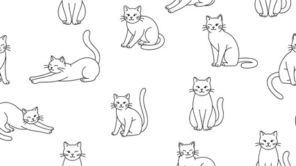 Fototapeta premium Charming seamless pattern consists of simple black and white cat outlines in various positions like sitting and stretching on a white backdrop.