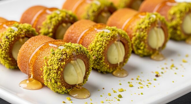 Creamy qatayef rolls with pistachio crust and honey drizzle
