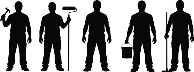Construction worker silhouettes set with tools including hammer, paint roller, bucket and shovel isolated on white background for industrial labor concept design © Miss Begum