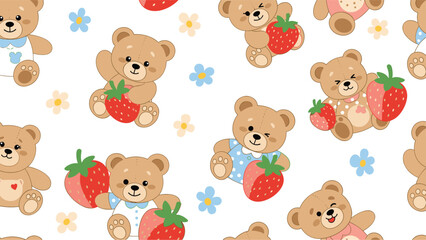 Obraz premium Cute seamless pattern of teddy bears holding giant red strawberries and small flowers on a white background.