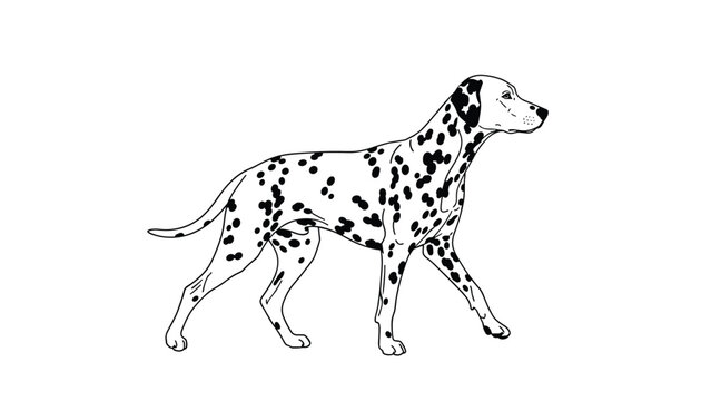 Side profile line art illustration of a dalmatian dog walking gracefully on a white background with spots.
