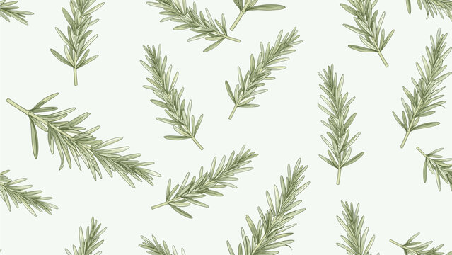 Elegant seamless pattern of green rosemary herb branches with thin leaves scattered across a light off-white colored background.