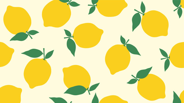 Bright and cheerful seamless pattern of ripe yellow lemons with small green leaves on a pale cream colored background.