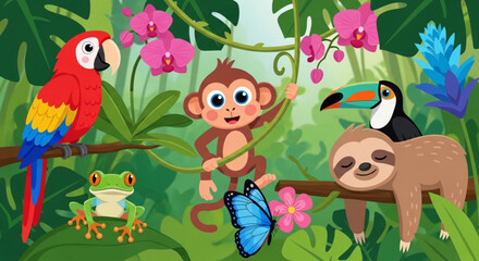 Cute jungle animals and tropical flowers cartoon illustration for childrens books and educational materials vibrant rainforest scene
