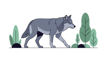Fototapeta premium Stylized illustration of a grey wolf walking through a forest of minimalist green trees, set against a clean white background.