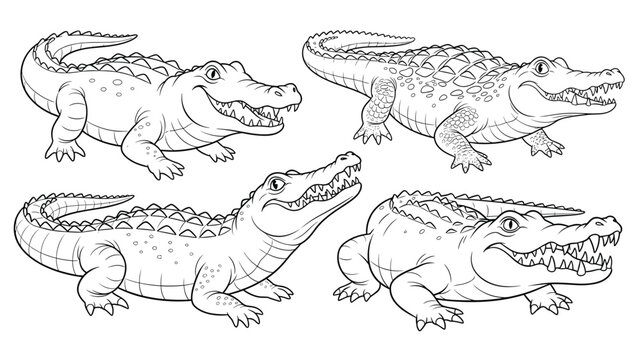 Set of four detailed black and white line drawings depicting crocodiles in various poses for coloring or educational purposes.