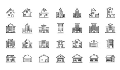 Fototapeta premium Minimal Black and White Building and House Line Icon Set for Real Estate and Architecture