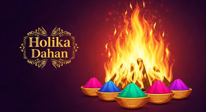 Illustration of traditional holika dahan bonfire scene in a watercolor style.