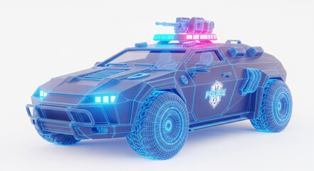 Futuristic Police Car with Neon Lights and Wireframe Design. © Hini
