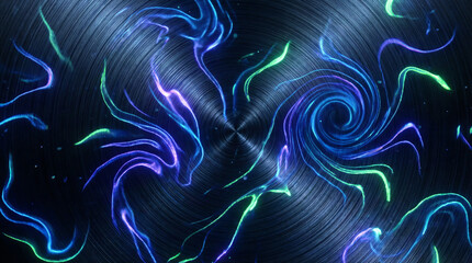 Swirling Neon Lights on Metallic Texture - Blue and Purple Fluid Energy, Gaming, and Futuristic Abstract Background