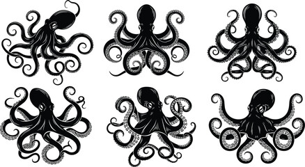 Set of six black ink octopus silhouette illustrations with swirling tentacles and suction cups isolated on white background for nautical ocean marine life designs © Mst