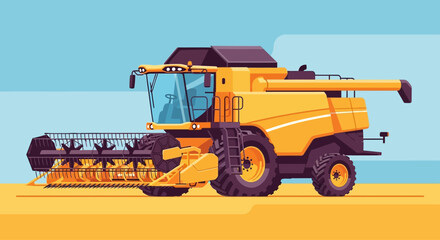 Obraz premium Yellow combine harvester working in a field during harvest season, agricultural machinery