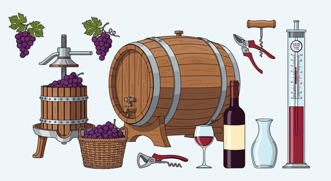 Winemaking process: grapes, barrel, press, wine bottle, glass, tools, hydrometer