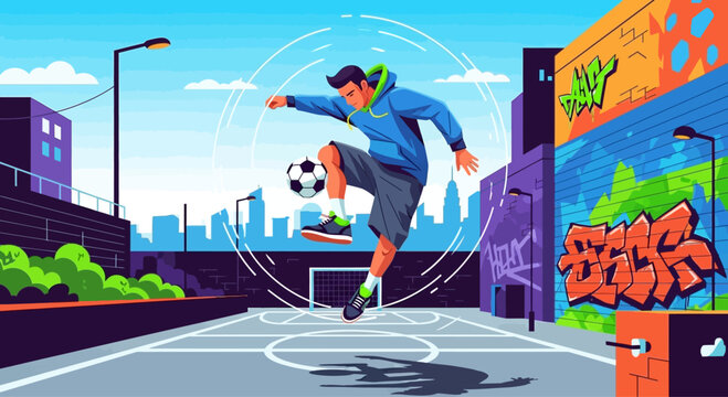 Young man performing freestyle football tricks on urban street court with graffiti art