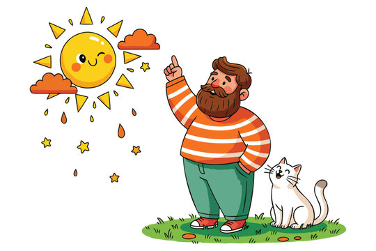 Cheerful bearded man pointing at a cute smiling sun with raindrops and clouds in a whimsical cartoon scene with a cat sitting beside him on grass