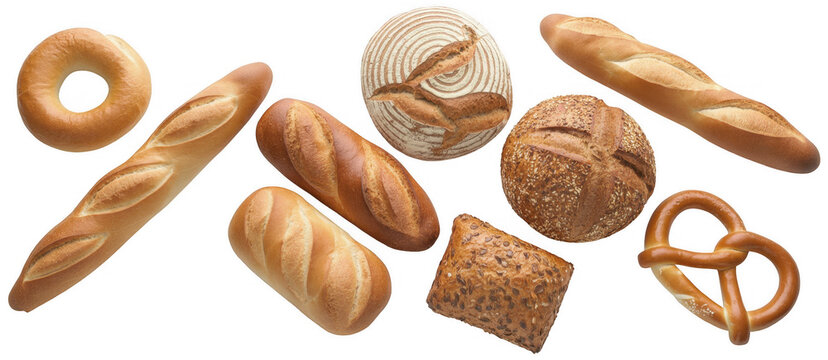 Various types of bread on  baguette pretzel wheat isolated on a transparent background