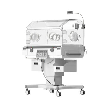 Modern neonatal incubator with transparent hood and digital control panel on wheels