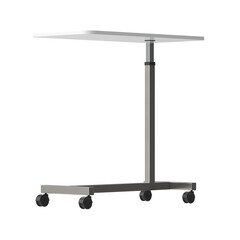 Adjustable height medical bedside table with wheels on white background