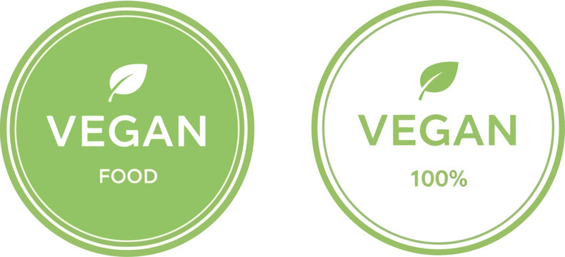 Two modern circular vegan labels with leaf icons representing pure plant based dietary choice for health and sustainability vector