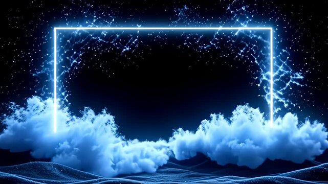 The Minimal white Border Frame flickering on black canvas is enveloped in a tapestry of glimmering stars that seem to pulse against the void, as dynamic waves of deep blues and radiant