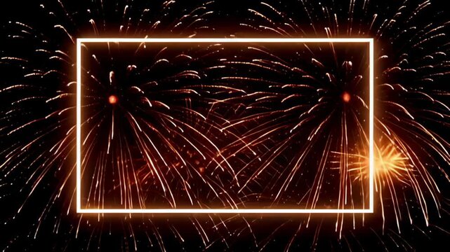 Around the Minimal white Border Frame flickering on black canvas, luminous arcs of light shoot forth like fireworks, their trajectories painted in fiery reds and sparkling golds, producing a