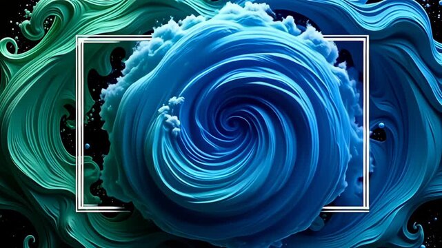 A vibrant whirlpool of abstract shapes swirls around the Minimal white Border Frame flickering on black canvas, where deep emerald greens and bright cerulean blues ebb and flow in a