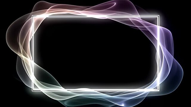 Surrounding a Minimal white Border Frame flickering on black canvas, a flurry of soft pastel rays interlaced with deeper shades creates an enchanting halo effect, as they twist and flow