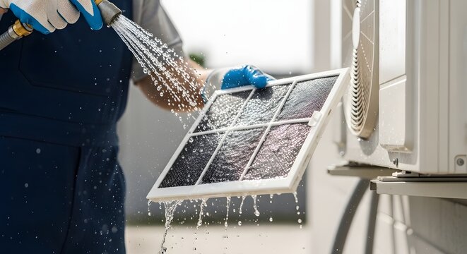 Person cleaning dirty air conditioner filter with water hose for home HVAC system maintenance and improved air quality