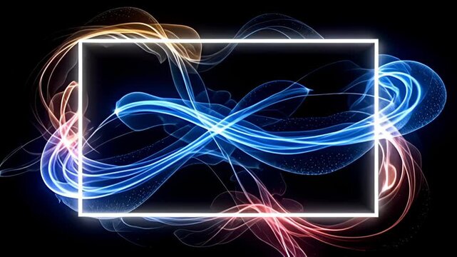 The Minimal white Border Frame flickering on black canvas is adorned with shimmering trails of light that elegantly swoop and spiral, creating a captivating visual spectacle of fusion and