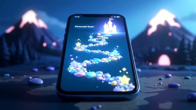 Financial wellness apps gamified journey to a fairytale castle, symbolizing monetary success and future financial goals.