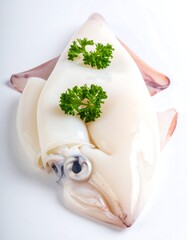 A fresh squid rests on white surface with parsley garnishes