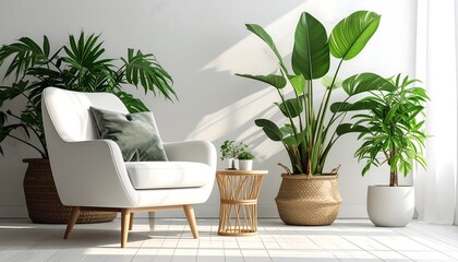 Fototapeta premium An interior shot features a white armchair, a small side table, and multiple potted plants against a white wall