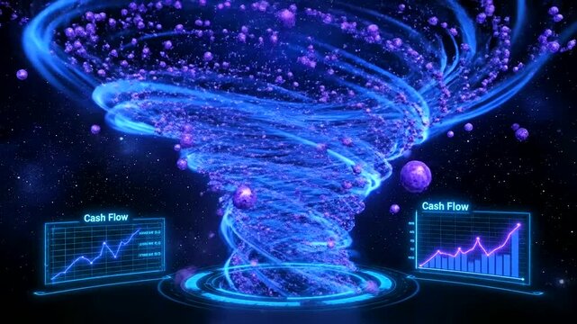 Financial wellness apps visualize abstract data vortex and cash flow charts in a futuristic digital space, symbolizing growth and technological advancement.