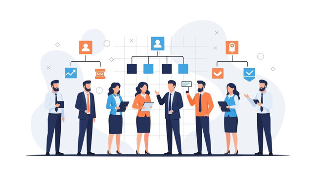 Business Organization Chart with Diverse Team and Icons | Flat Design