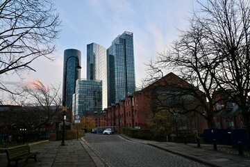 Brick buildings and modern buildings in Manchester, UK