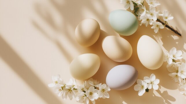 pastel easter eggs flat lay minimal spring background