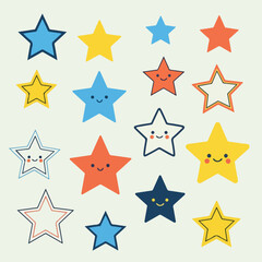 Fototapeta premium A collection of multi-colored stars, some with smiling faces, on a light background