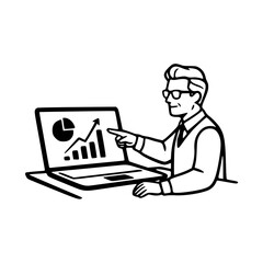 businessman pointing to growth charts on laptop screen line art illustration