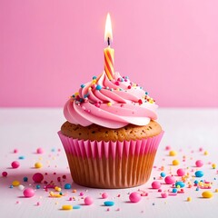 A frosted cupcake with a lit candle, sprinkles, and a pink background