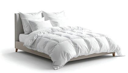 A fully made bed with fluffy white bedding