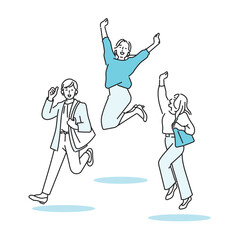 シンプル　イラスト　ジャンプやガッツポーズをするビジネスパーソンの女性のポーズセットイラスト　ビジネスシーン